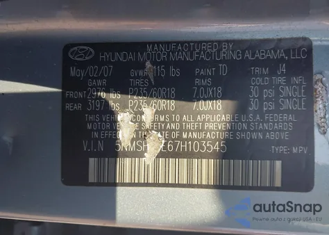 2007 Hyundai Santa Fe Limited/Se z USA, uszkodzony, nr VIN 5NMSH13E67H103545